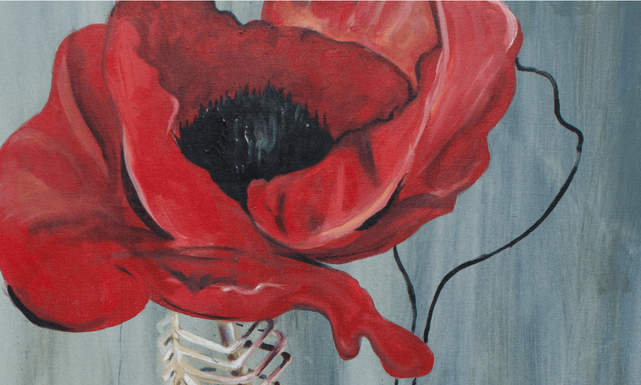 Painting called 'Floral Bones' featuring a skeleton and Poppy flower as a head